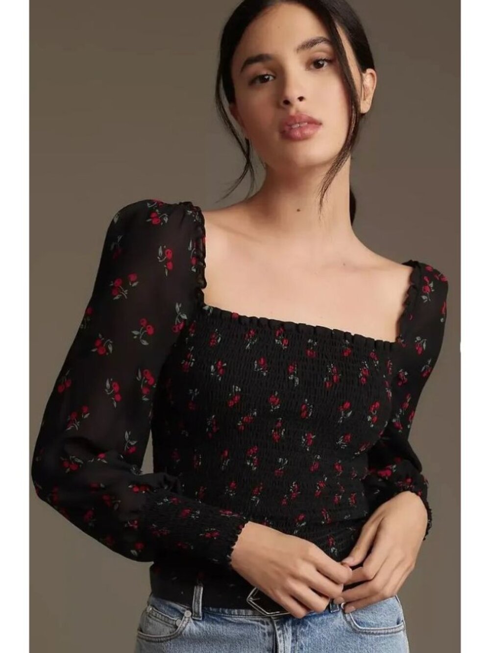 NWT Reformation Pinto Black Long-Sleeve Rose Print Square-Neck Top-sz Small